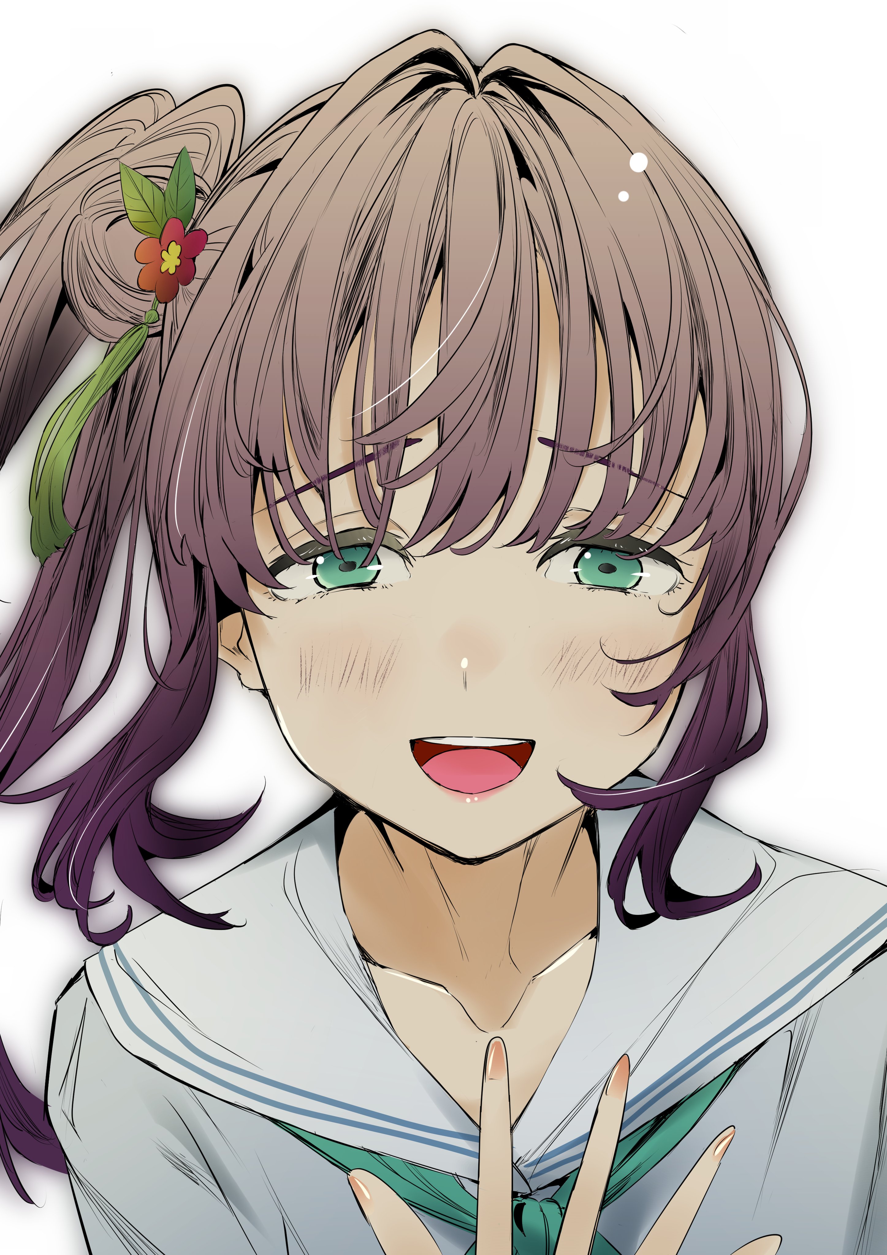 tommer, otomune kozue, link! like! love live!, love live!, absurdres, commentary, highres, 1girl, :d, aqua neckerchief, blush, collarbone, dress, flower, green eyes, grey dress, hair flower, hair ornament, hasu no sora school uniform, long hair, looking at viewer, neckerchief, open mouth, outer glow, purple hair, raised inner eyebrows, red flower, sailor collar, sailor dress, school uniform, simple background, smile, solo, summer uniform, tassel, tassel hair ornament, teeth, upper teeth only, virtual youtuber, white background, white sailor collar