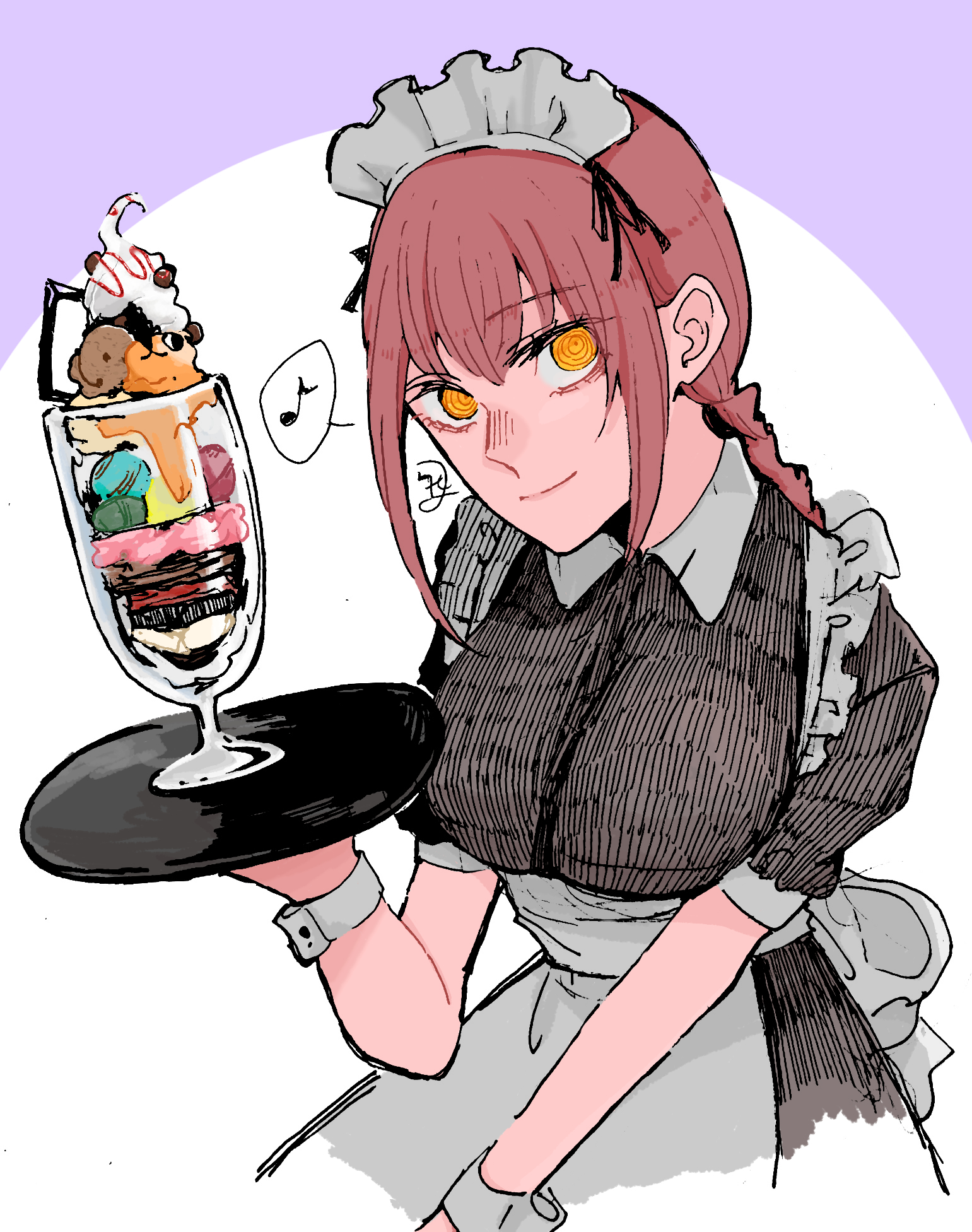 ashglay 121, makima (chainsaw man), pochita (chainsaw man), chainsaw man, highres, 1girl, alternate costume, apron, black dress, dress, enmaided, food, glass, ice cream, maid, maid apron, maid day, maid headdress, musical note, red hair, ringed eyes, simple background, smile, spoken musical note, yellow eyes
