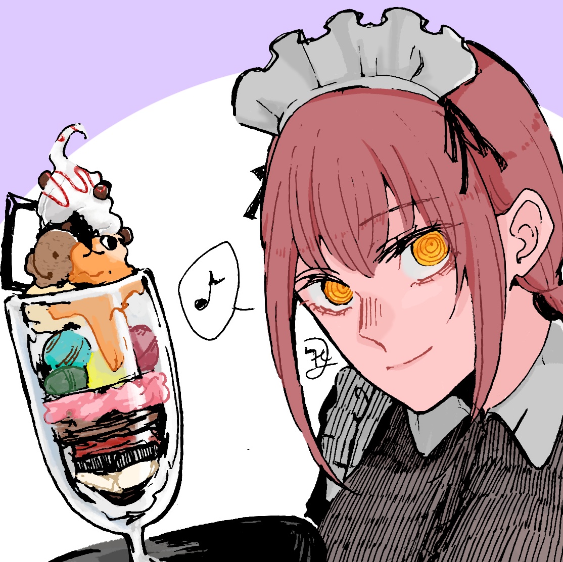 ashglay 121, makima (chainsaw man), pochita (chainsaw man), chainsaw man, 1girl, alternate costume, black dress, dress, enmaided, food, glass, ice cream, long hair, maid, maid day, maid headdress, musical note, red hair, ringed eyes, sidelocks, simple background, smile, spoken musical note, yellow eyes