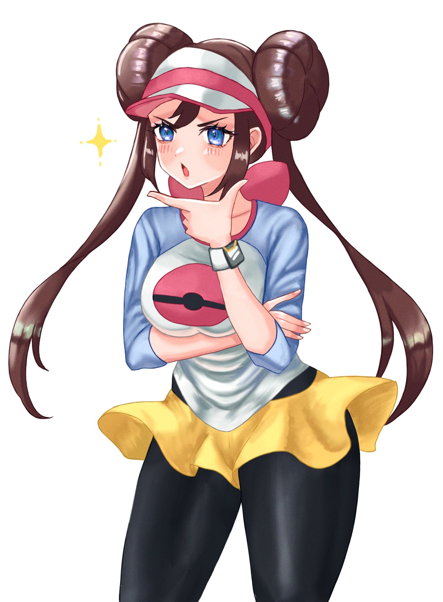 zqzbq, rosa (pokemon), nintendo, pokemon, pokemon bw2, highres, 1girl, black pantyhose, blue eyes, blush, breasts, brown hair, donut hair bun, double bun, hair bun, hat, large breasts, long hair, looking at viewer, open mouth, pantyhose, pantyhose under shorts, poke ball print, raglan sleeves, shirt, shorts, simple background, solo, star (symbol), twintails, visor cap, white background, yellow shorts