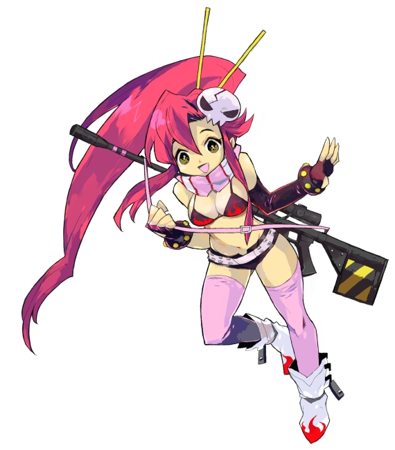 komaki megumi, yoko littner, tengen toppa gurren lagann, 00s, 1girl, bikini, bikini top only, breasts, female focus, gloves, gun, long hair, medium breasts, ponytail, red hair, solo, swimsuit, thighhighs, weapon