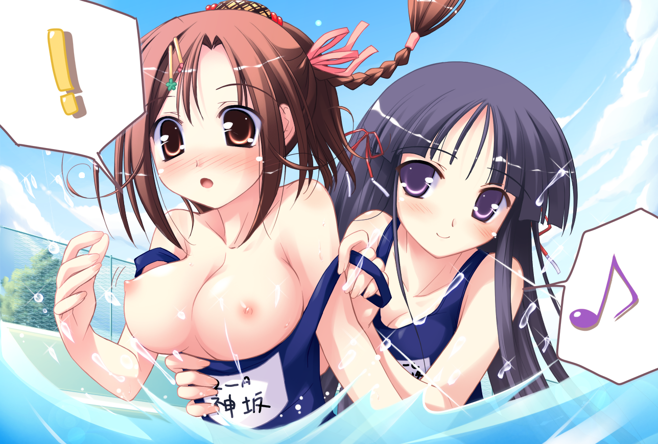 ko~cha, kamisaka haruhi, takamine koyuki, happiness!, !, 00s, 2girls, assisted exposure, braid, breasts, brown eyes, brown hair, clothes pull, hair ornament, hairclip, large breasts, multiple girls, musical note, name tag, nipples, one-piece swimsuit, one-piece swimsuit pull, pulling another's clothes, purple eyes, purple hair, school swimsuit, surprised, swimsuit, water