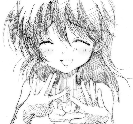 gofu, furukawa nagisa, clannad, traditional media, 00s, greyscale, monochrome, sketch, smile, solo