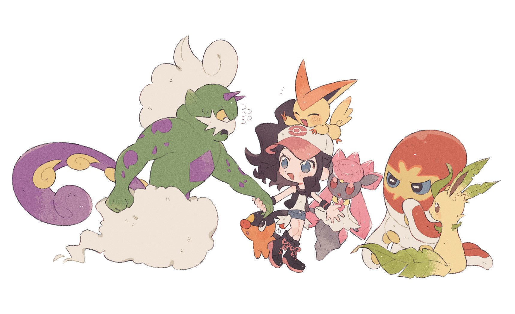 hime (himetya105), diancie, grapploct, hilda (pokemon), leafeon, tepig, tornadus, tornadus (incarnate), victini, nintendo, pokemon, pokemon bw, highres, 1girl, alternate color, baseball cap, black vest, blue eyes, blush, brown hair, closed eyes, closed mouth, cloud, cutoffs, denim, denim shorts, exposed pocket, fang, gen 4 pokemon, gen 5 pokemon, gen 6 pokemon, gen 8 pokemon, hat, high ponytail, legendary pokemon, long hair, muscular, mythical pokemon, open clothes, open mouth, open vest, poke ball print, pokemon (creature), ponytail, shiny pokemon, shirt, short shorts, shorts, sidelocks, smile, tail, v, vest, white shirt, wristband