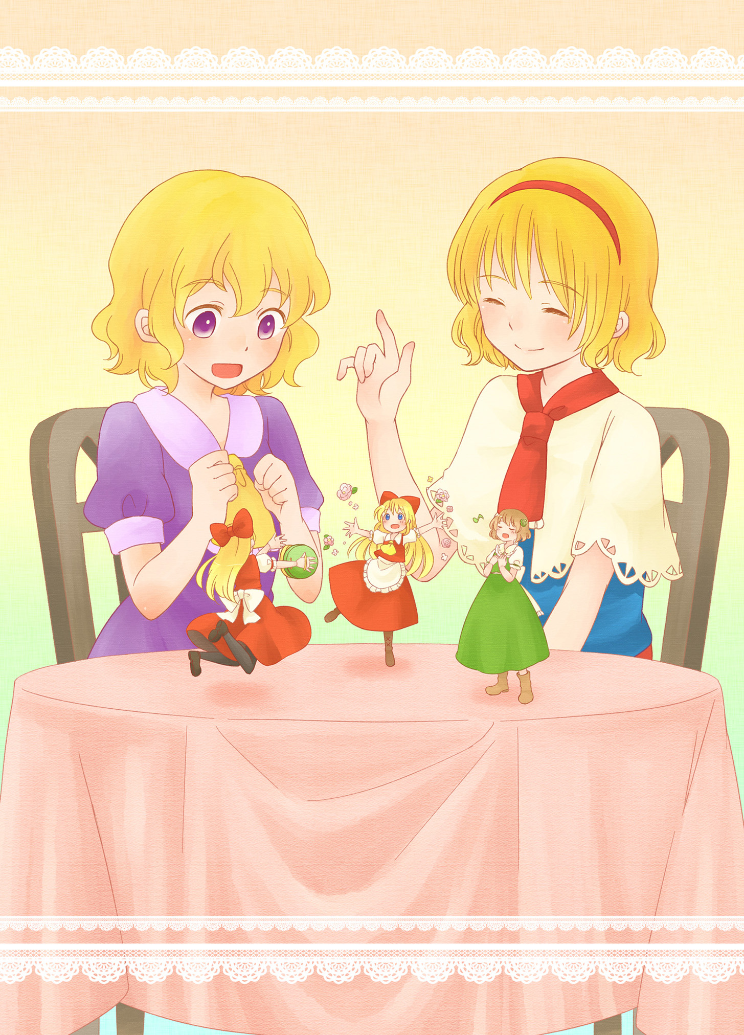 kokonotsu (mozu), hourai doll, maribel hearn, shanghai doll, touhou, highres, revision, 2girls, :d, blue dress, blush, chair, closed eyes, doll, dress, excited, happy, headband, jumping, multiple girls, music, open mouth, playing, purple dress, red headband, red sash, red scarf, sash, scarf, shawl, short sleeves, simple background, singing, sitting, smile, table, white shawl