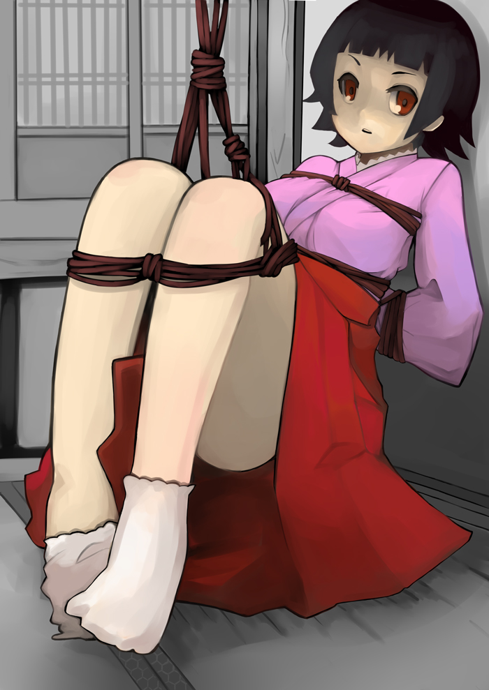sharekoube, tsunetsuki matoi, sayonara zetsubou sensei, bad id, bad pixiv id, 00s, 1girl, bdsm, black hair, bondage, bound, female focus, japanese clothes, kimono, red eyes, rope, short hair, socks, solo