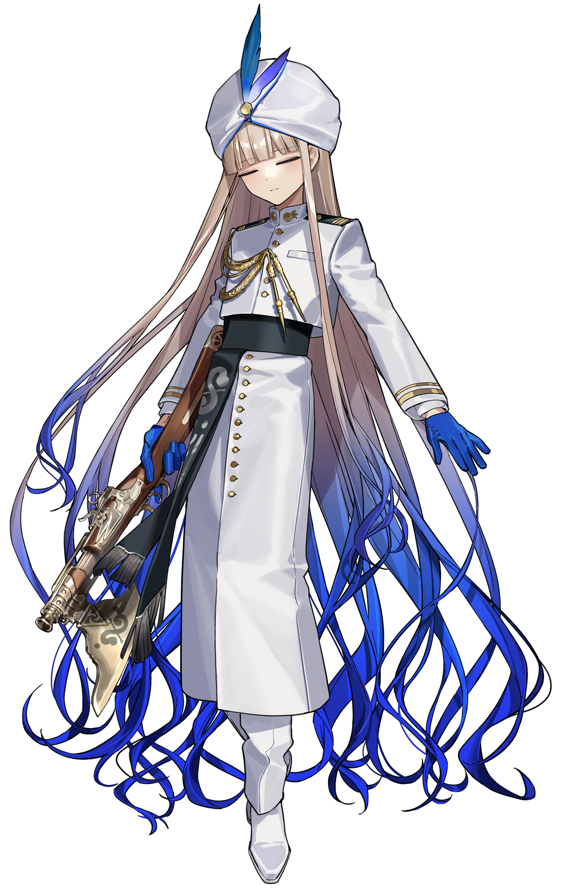 itefu, fate/grand order, fate (series), game cg, highres, official art, second-party source, 1boy, aiguillette, androgynous, axe, black outline, black sash, blonde hair, blue gloves, blue hair, blush, closed eyes, cropped jacket, full body, gloves, gradient hair, gun, hat, hat feather, high collar, holding, holding axe, holding gun, holding weapon, jacket, loincloth, long hair, long sleeves, male focus, military uniform, multicolored hair, naval uniform, nemo (fate/grand order arcade), outline, pants, rifle, sash, solo, standing, tachi-e, transparent background, turban, very long hair, weapon, white jacket, white pants