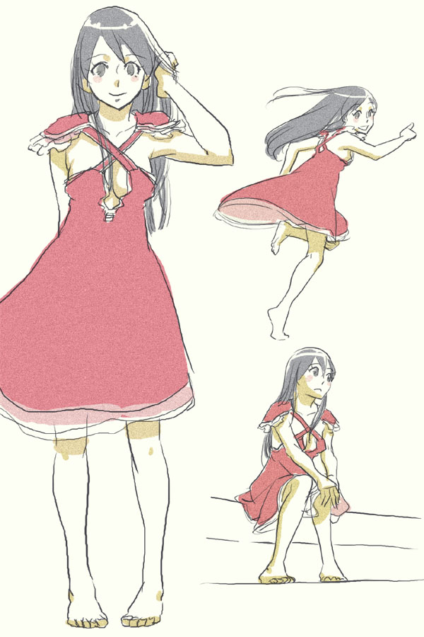 shimabara, original, silver hair, bad id, bad pixiv id, 1girl, arms behind back, barefoot, dress, grey eyes, looking back, multiple views, pointing, ruffling hair, running, sitting, sketch, standing