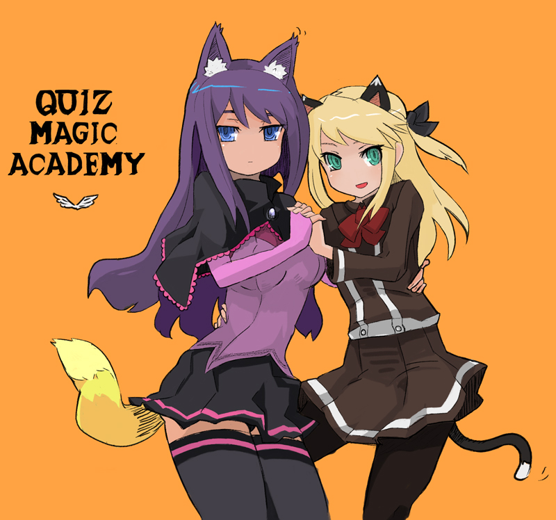 sharekoube, malariya, shalon, quiz magic academy, bad id, bad pixiv id, 2girls, animal ears, blonde hair, blue eyes, green eyes, holding hands, long hair, multiple girls, pantyhose, purple hair, tail, thighhighs