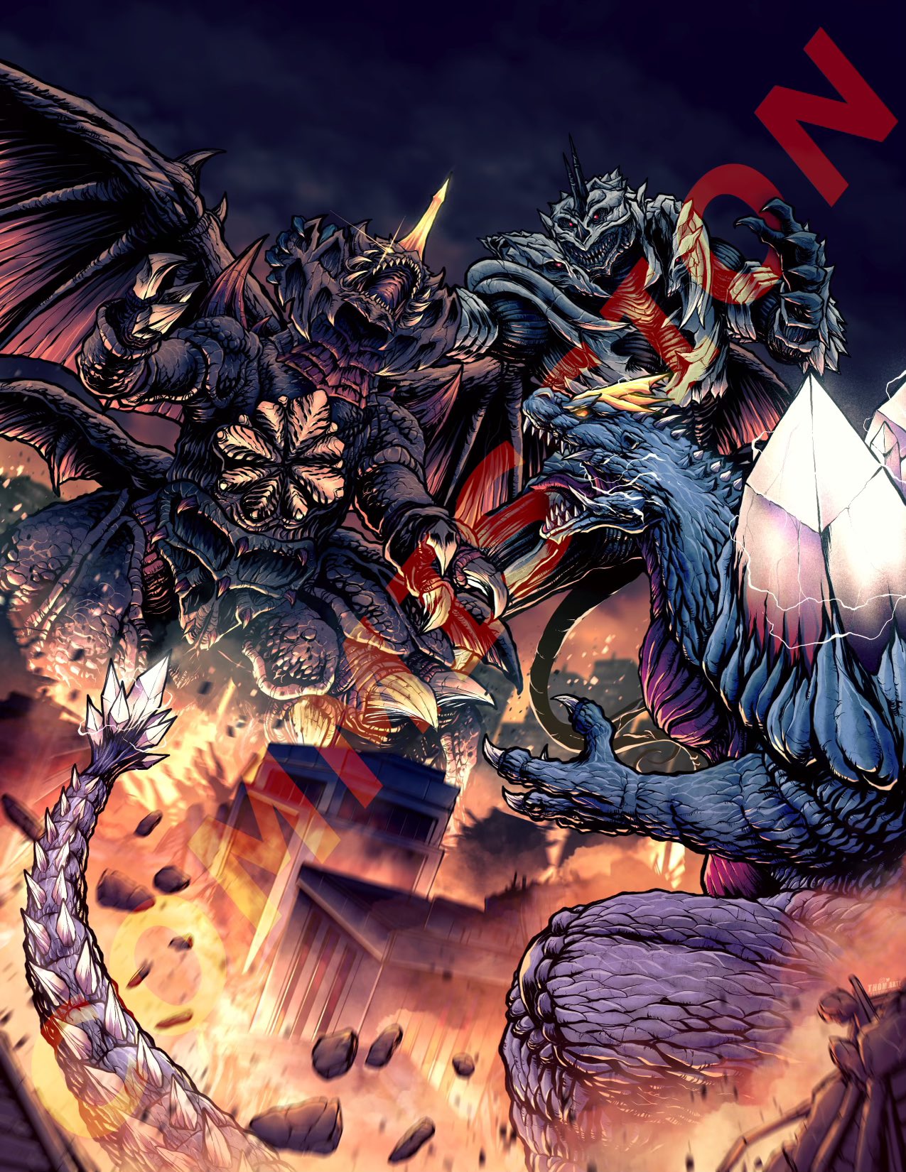 thomdotartz, destoroyah, monster x, spacegodzilla, godzilla: final wars, godzilla (series), godzilla vs. destoroyah, godzilla vs. spacegodzilla, highres, alien, armor, artist name, bat wings, battle, carapace, claws, creature, crystal, destruction, dragon, fangs, fire, giant, giant monster, glowing, glowing eyes, glowing spikes, head wings, horns, kaiju, mandibles, mini wings, monster, multiple wings, no humans, open mouth, oversized wings, red eyes, scales, sharp teeth, single horn, spiked wings, spikes, spines, tail, teeth, wings, yellow eyes