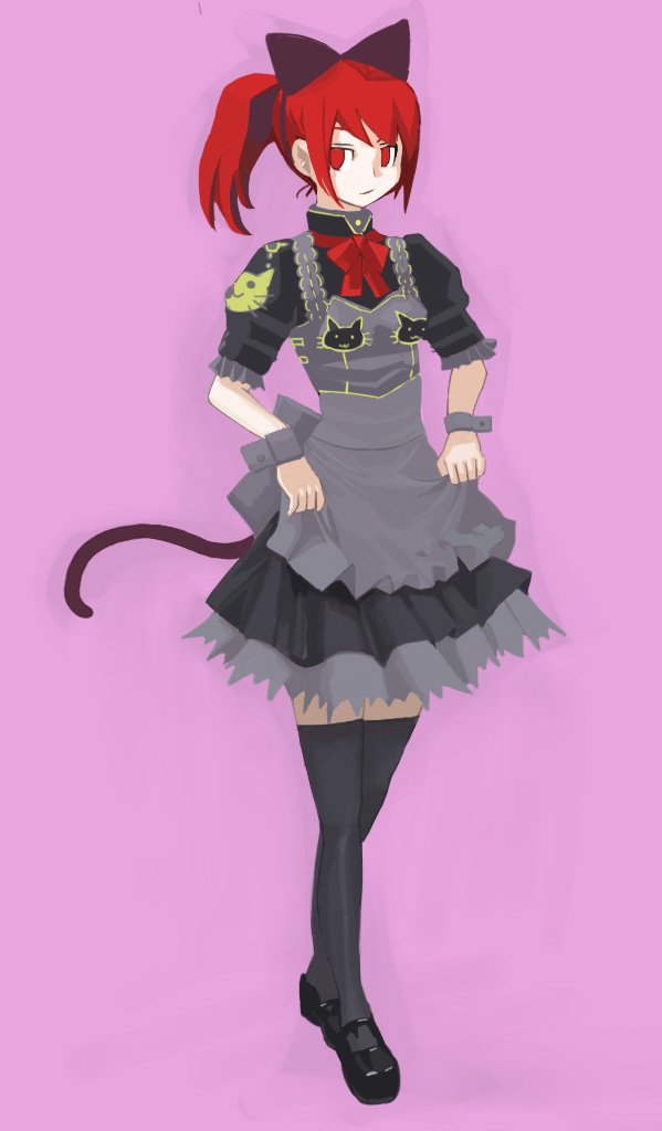 sharekoube, bad id, bad pixiv id, animal ears, maid, ponytail, red eyes, red hair, solo, tail, thighhighs