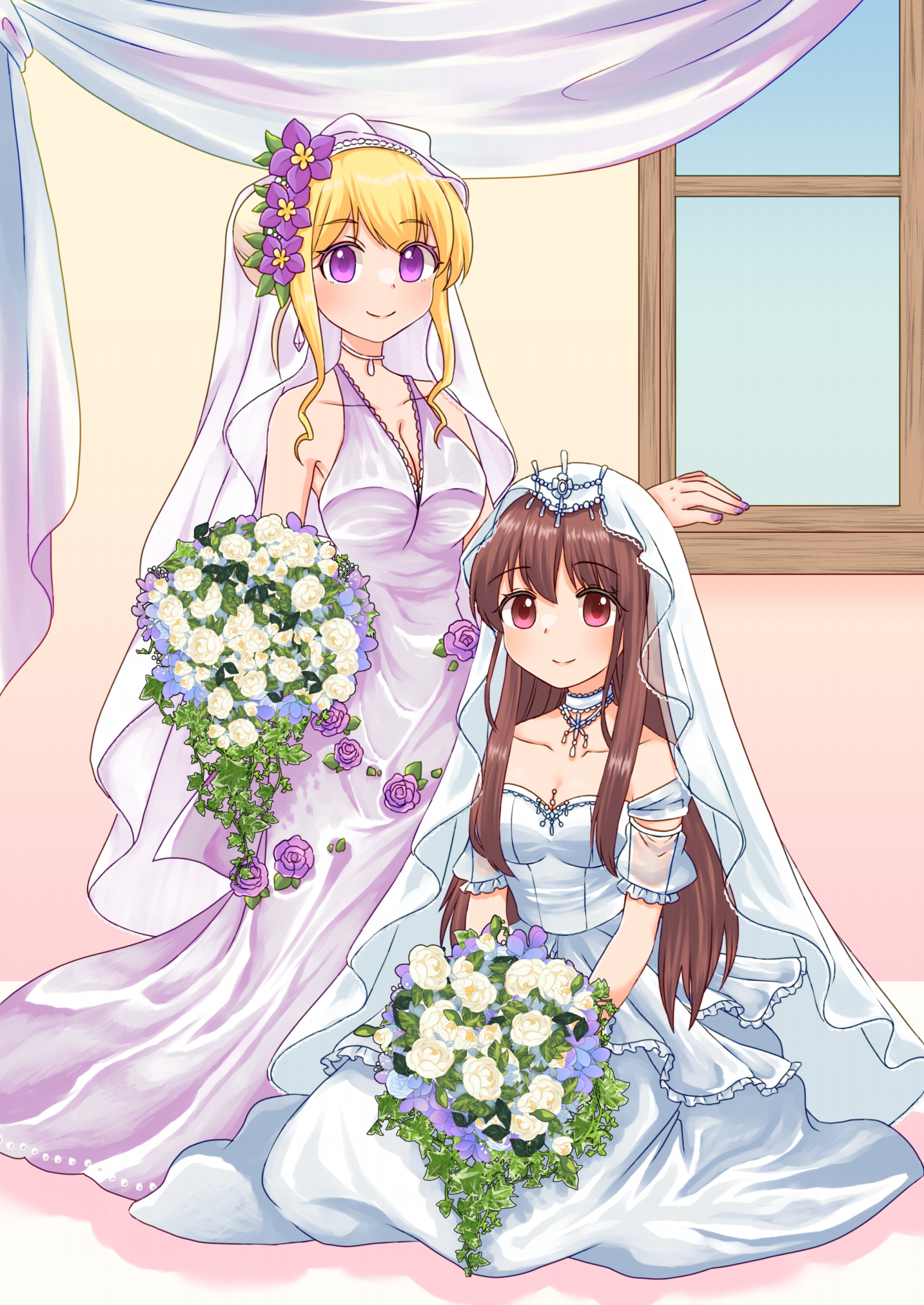 kokonotsu (mozu), maribel hearn, usami renko, touhou, highres, 2girls, aged up, alternate eye color, alternate hair length, alternate hairstyle, bare shoulders, blonde hair, blush, bouquet, breasts, bridal veil, brown hair, cleavage, couple, crown, curtains, detached sleeves, dress, flower, flower ornament, hair bun, hand on window, hands on own hips, happy, holding, holding bouquet, indoors, jewelry, large breasts, long hair, medium breasts, multiple girls, nail polish, necklace, pink eyes, purple dress, purple eyes, purple nails, sitting, standing, veil, wedding, white dress, wife and wife, window, yuri