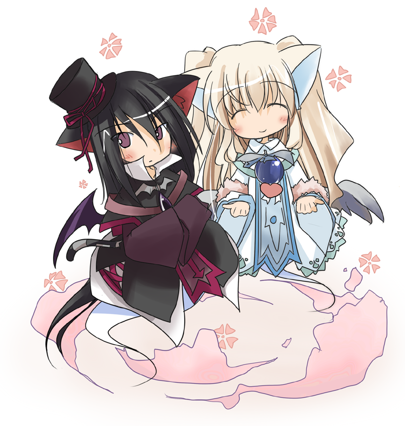 shirowassan, nekomata kuro, nekomata shiro, emil chronicle online, 2girls, ^ ^, animal ears, bat wings, black dress, black hair, black hat, black tail, black wings, blonde hair, brooch, cat ears, cat girl, cat tail, closed eyes, dress, ghost girl, ghost tail, hat, hat ribbon, jewelry, long hair, multiple girls, purple eyes, red ribbon, ribbon, siblings, sisters, smile, tail, two side up, white dress, white wings, wings