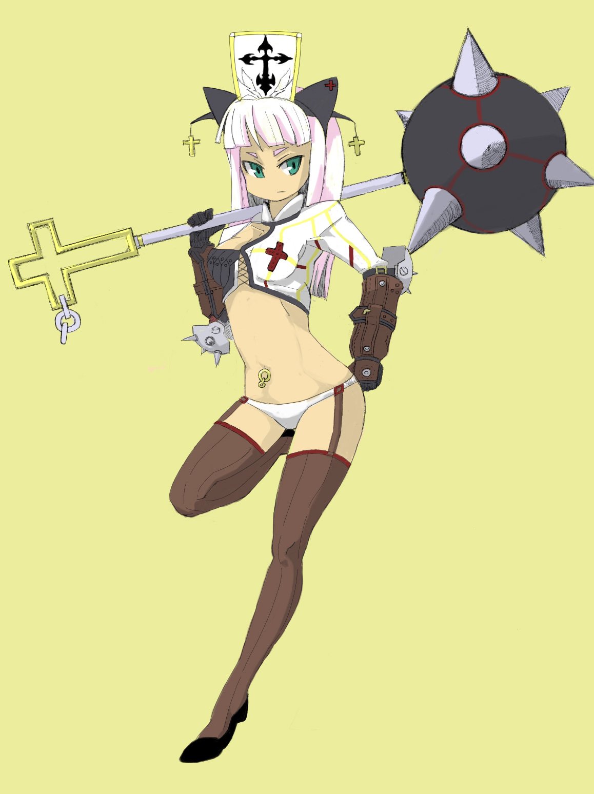 sharekoube, bad id, bad pixiv id, highres, 1girl, female focus, flail, green eyes, long hair, mace, midriff, morning star, navel, navel piercing, panties, piercing, pink hair, solo, spiked mace, spikes, thighhighs, underwear, weapon