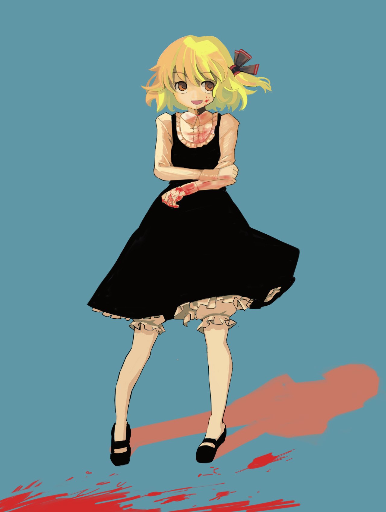 sharekoube, rumia, embodiment of scarlet devil, touhou, bad id, bad pixiv id, highres, 1girl, blonde hair, blood, crazy eyes, female focus, red eyes, simple background, solo, standing