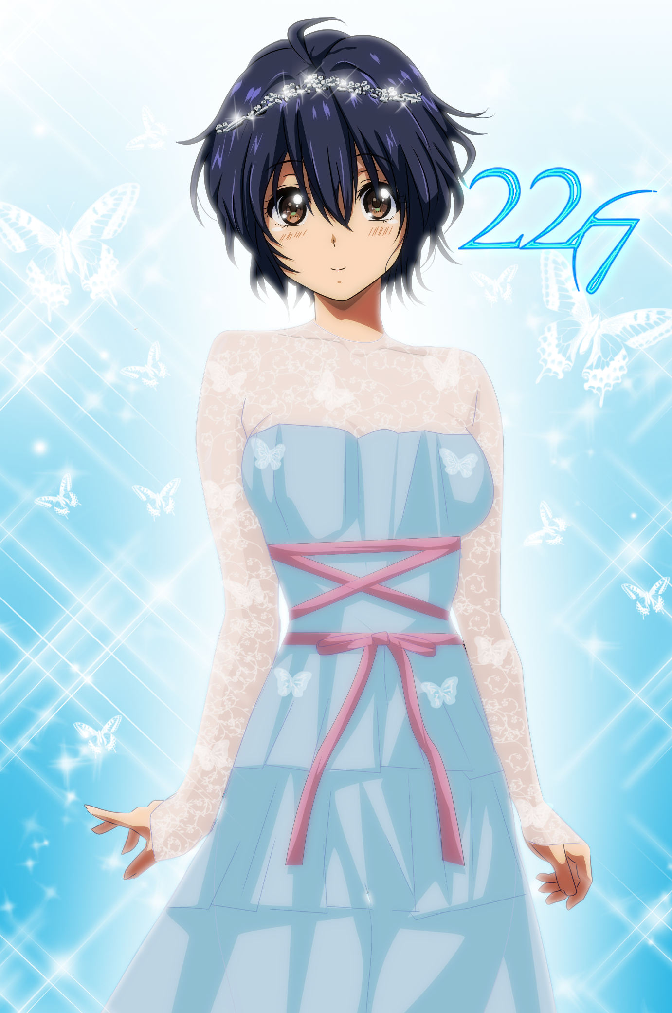 gentoku, takigawa miu, 22/7, highres, 1girl, black hair, blue background, blue dress, blush, brown eyes, bug, butterfly, closed mouth, copyright logo, cowboy shot, dress, hair between eyes, insect, long sleeves, looking at viewer, pink ribbon, ribbon, see-through clothes, see-through sleeves, short hair, solo, sparkle, standing, straight-on, white butterfly