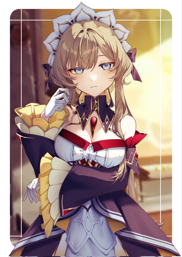 ka e de, sandrone (genshin impact), genshin impact, commentary request, corrupted twitter file, 1girl, bare shoulders, black dress, blue eyes, border, breasts, brown hair, cleavage, detached sleeves, dress, gloves, large breasts, looking at viewer, maid, maid headdress, medium hair, solo, white border, white gloves