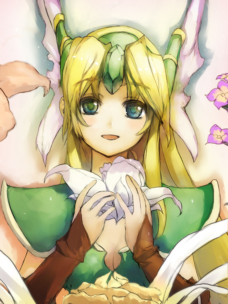 bob (biyonbiyon), riesz, seiken densetsu, seiken densetsu 3, armor, blonde hair, blue eyes, bridal gauntlets, brown bridal gauntlets, flower, gloves, green armor, long hair, solo