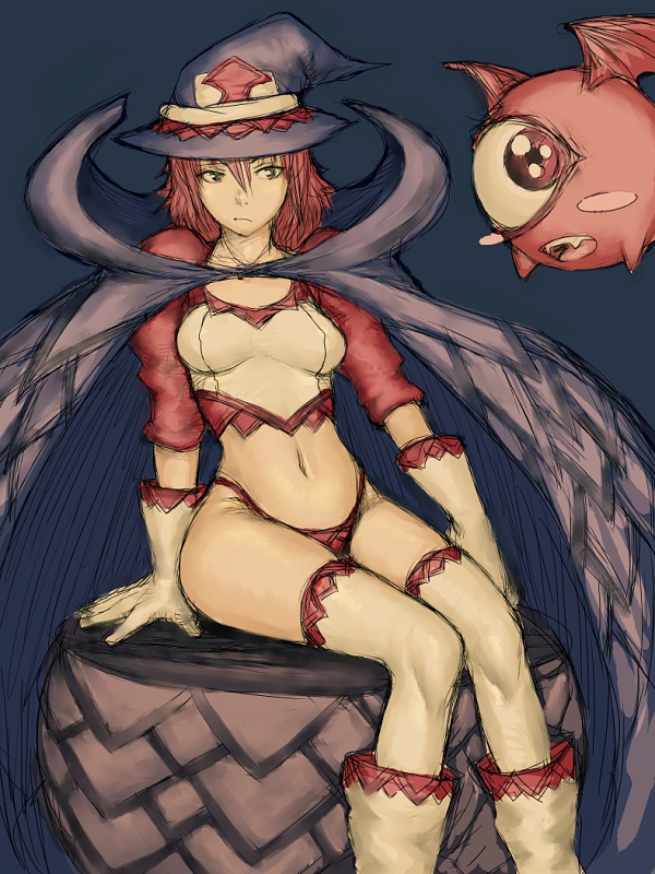 fumio (rsqkr), original, 1girl, blue hat, female focus, gloves, hat, midriff, navel, panties, red hair, sitting, solo, thighhighs, underwear, witch hat