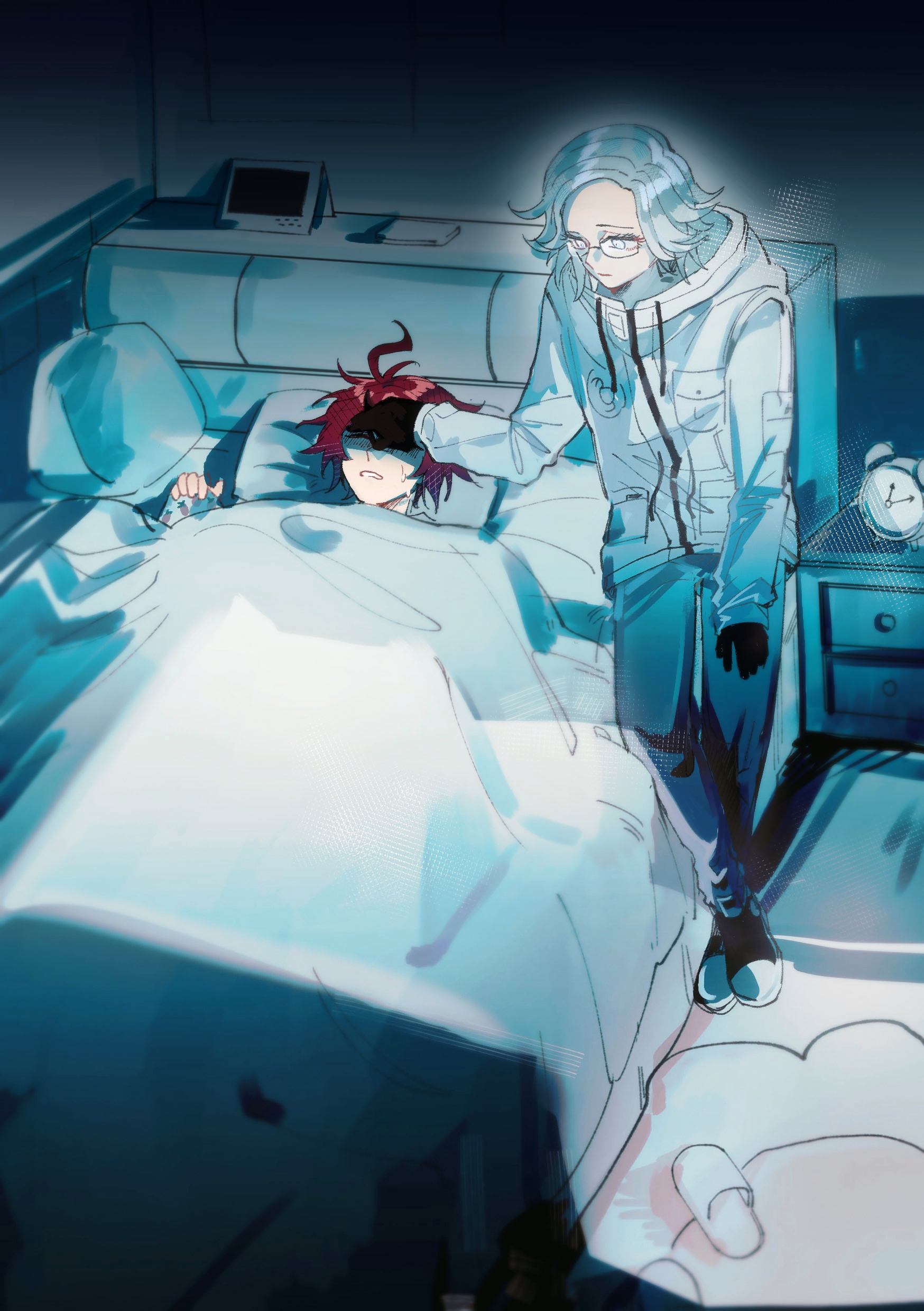 dongfang hong jiu ai, aotsuki eito, sumino takumi, the hundred line -last defense academy-, absurdres, chinese commentary, commentary request, highres, 2boys, ahoge, alarm clock, bed, black gloves, chest of drawers, clenched teeth, clock, closed eyes, flying sweatdrops, glasses, gloves, grey hair, hand on another's forehead, hand on own leg, head on pillow, jacket, looking at another, lying, male focus, multicolored hair, multiple boys, nightmare, on back, on bed, pants, pillow, red hair, short hair, sitting, slippers, streaked hair, teeth, under covers, white eyes, white jacket, white pants
