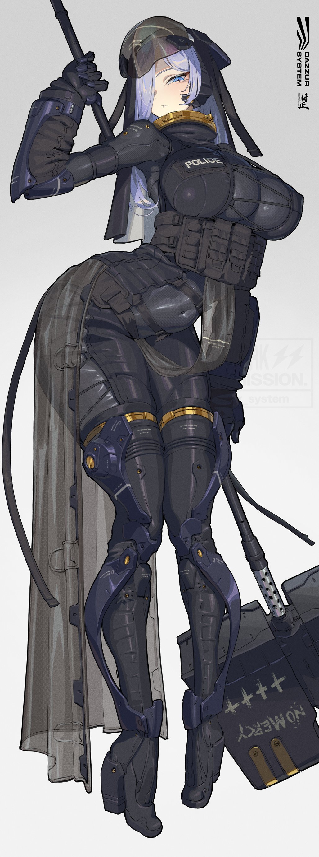 dazzur (dazzur system), original, absurdres, commentary, highres, 1girl, artist name, black bodysuit, blue eyes, bodysuit, breasts, covered navel, exoskeleton, full body, grey background, grey hair, hammer, high heels, holding, holding hammer, holding polearm, holding weapon, large breasts, long hair, looking at viewer, parted lips, polearm, police, pouch, simple background, solo, watermark, weapon