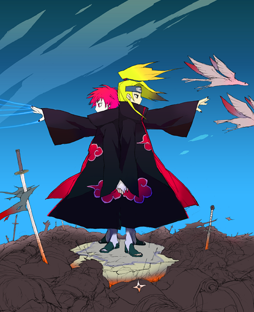 komaki megumi, deidara (naruto), sasori (naruto), naruto (series), naruto shippuuden, bodies, bad id, bad pixiv id, 2boys, akatsuki (naruto), back-to-back, blood, cloud, male focus, multiple boys, sky
