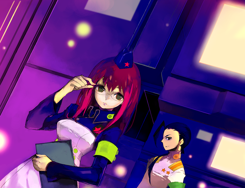 komaki megumi, kinon bachika, rossiu adai, tengen toppa gurren lagann, uniform, bad id, bad pixiv id, 00s, adjusting eyewear, black hair, glasses, hat, long hair, ponytail, red hair