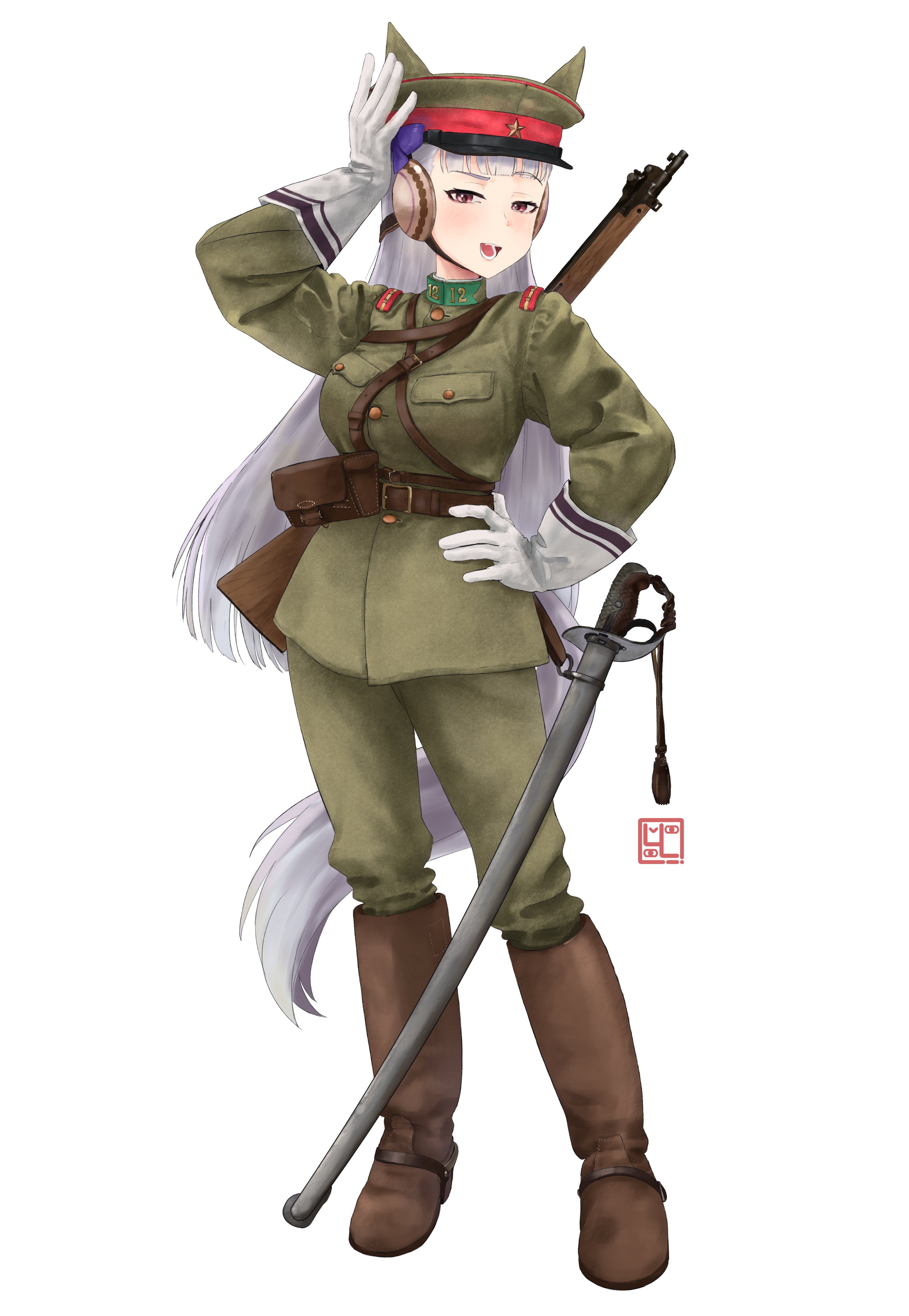 lollies 2020, gold ship (umamusume), umamusume, absurdres, highres, 1girl, arisaka, bolt action, breasts, gloves, green jacket, green pants, gun, hand on own hip, imperial japanese army, jacket, long hair, military uniform, pants, rifle, solo, sword, very long hair, weapon, white background, white gloves, white hair