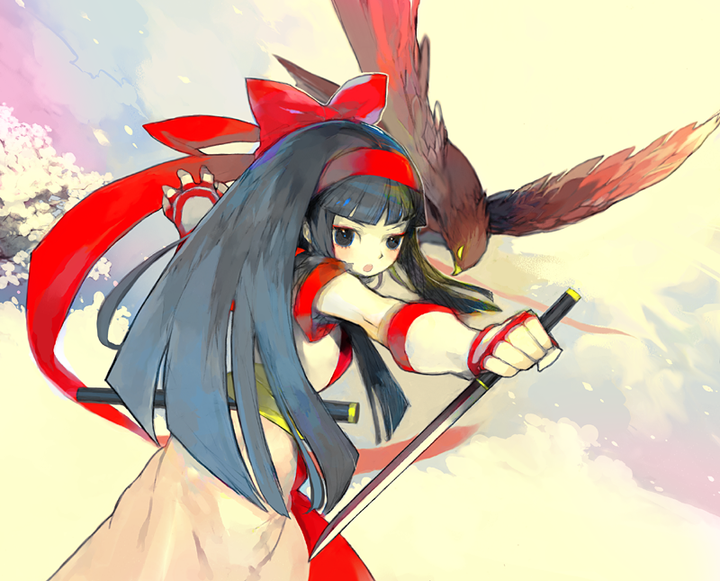 komaki megumi, mamahaha, nakoruru, samurai spirits, 1girl, ainu clothes, bird, bow, cloud, female focus, hair ribbon, hawk, red bow, reverse grip, ribbon, sheath, sky, solo, sword, weapon