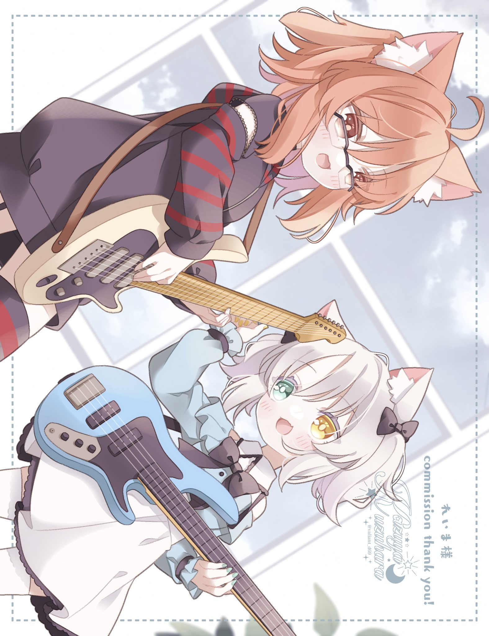 kuzuhara kazuya, original, commission, highres, skeb commission, 2girls, :d, ahoge, animal ear fluff, animal ears, black bow, black bowtie, blush, bow, bowtie, cat ears, cat girl, dress, dutch angle, electric guitar, frills, garter straps, glasses, green eyes, guitar, hair bow, heterochromia, holding, holding instrument, holding plectrum, hood, hood down, hoodie, instrument, long sleeves, multiple girls, music, open mouth, orange hair, over-rim eyewear, playing instrument, plectrum, puffy long sleeves, puffy sleeves, semi-rimless eyewear, smile, striped clothes, thighhighs, white dress, white hair, yellow eyes