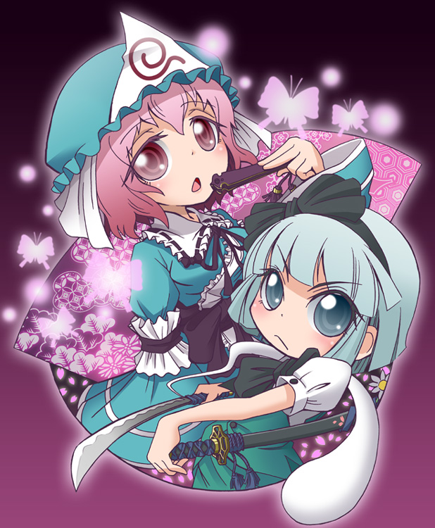 emu (toran), konpaku youmu, konpaku youmu (ghost), saigyouji yuyuko, touhou, silver hair, 2girls, :o, arm garter, female focus, folded fan, folding fan, ghost, green eyes, hairband, hand fan, hat, hitodama, katana, long sleeves, looking at viewer, mob cap, multiple girls, open mouth, puffy short sleeves, puffy sleeves, short hair, short sleeves, sword, triangular headpiece, unsheathed, upper body, weapon