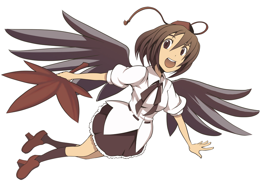 aroha j, shameimaru aya, touhou, looking away, 1girl, brown eyes, brown hair, female focus, geta, hand fan, hat, holding, holding fan, open mouth, red hat, shoes, smile, solo, tengu-geta, tokin hat, wings