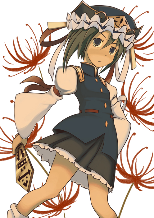 aroha j, shiki eiki, touhou, 1girl, black eyes, blue hat, female focus, flower, green hair, hat, red flower, ribbon, rod of remorse, short hair, skirt, socks, solo, spider lilies, spider lily