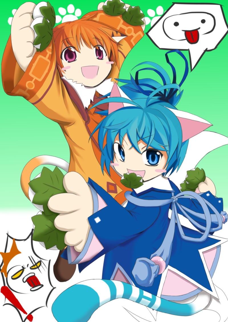 nekomata sora, emil chronicle online, !, 1boy, 1girl, animal ears, animal hands, antenna hair, blue bow, blue eyes, blue hair, blue jacket, blue tail, blush stickers, bow, cat boy, cat ears, cat girl, cat tail, dango, dress, food, ghost boy, ghost girl, ghost tail, green background, hair bow, holding, holding food, jacket, nananoji-i, nekomata anzu, open mouth, orange dress, orange hair, paw print, paw print background, pink skirt, ponytail, red eyes, skirt, spoken exclamation mark, tail, wagashi