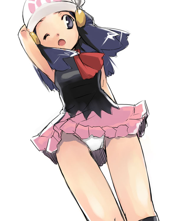 dawn (pokemon), nintendo, pokemon, 1girl, beanie, blue eyes, blue hair, clothes lift, female focus, hat, matching hair/eyes, one eye closed, panties, pantyshot, scarf, simple background, skirt, skirt lift, solo, thigh gap, thighs, underwear, upskirt, white background