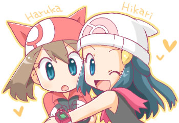 manaka (pdx), pdxplus, dawn (pokemon), may (pokemon), nintendo, pokemon, pokemon rse, lowres, 00s, 2girls, bandana, beanie, blue eyes, blue hair, blush, brown hair, character name, chibi, hat, heart, hug, multiple girls, one eye closed, poketch, scarf, watch, wink, wristwatch
