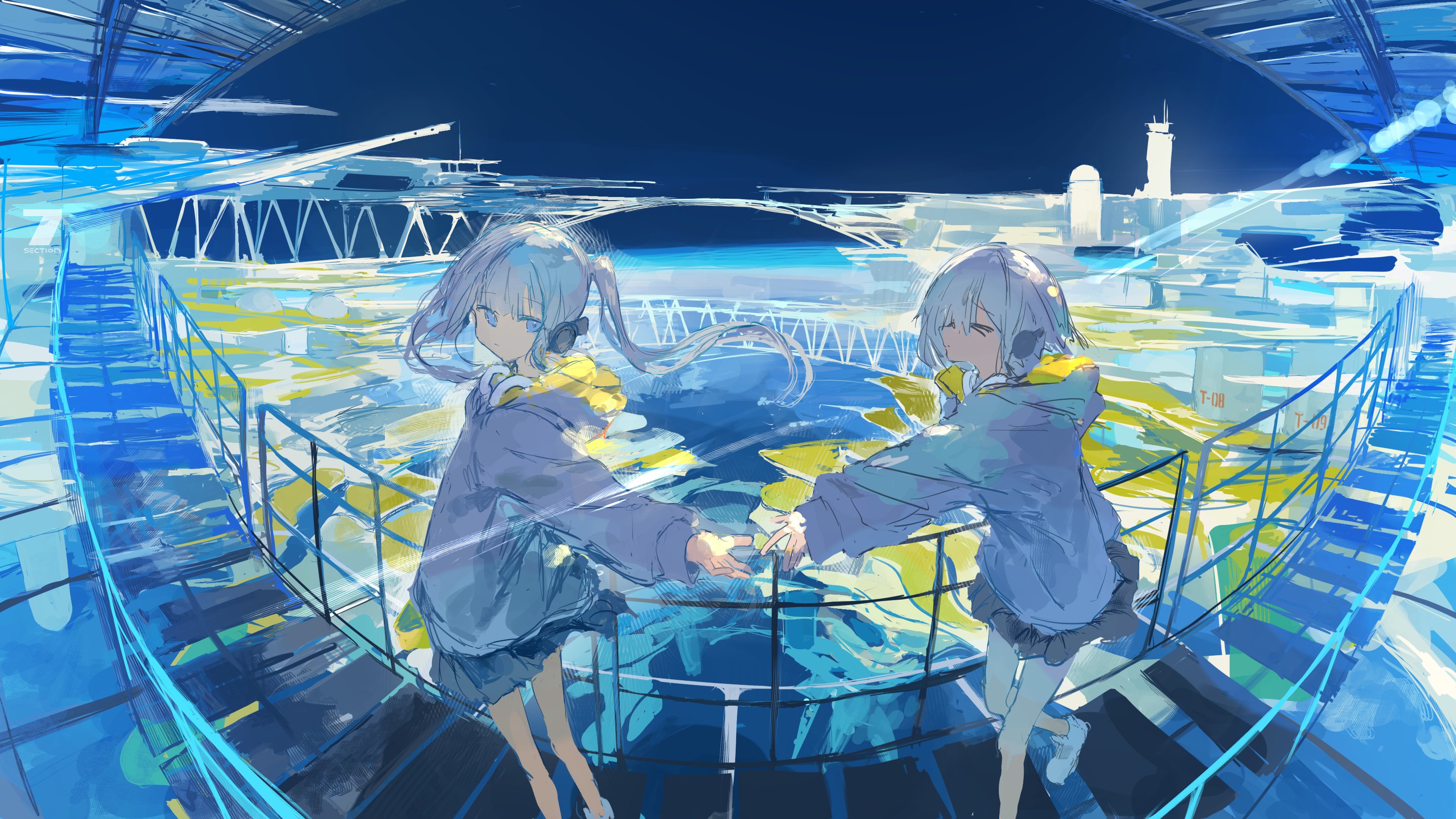 ichika (ichika87), original, absurdres, highres, 2girls, black skirt, blue eyes, blue hair, blue theme, bridge, grey hoodie, headphones, hood, hood down, hooded jacket, hoodie, jacket, long hair, long sleeves, looking at viewer, multiple girls, railing, shoes, skirt, standing, twintails