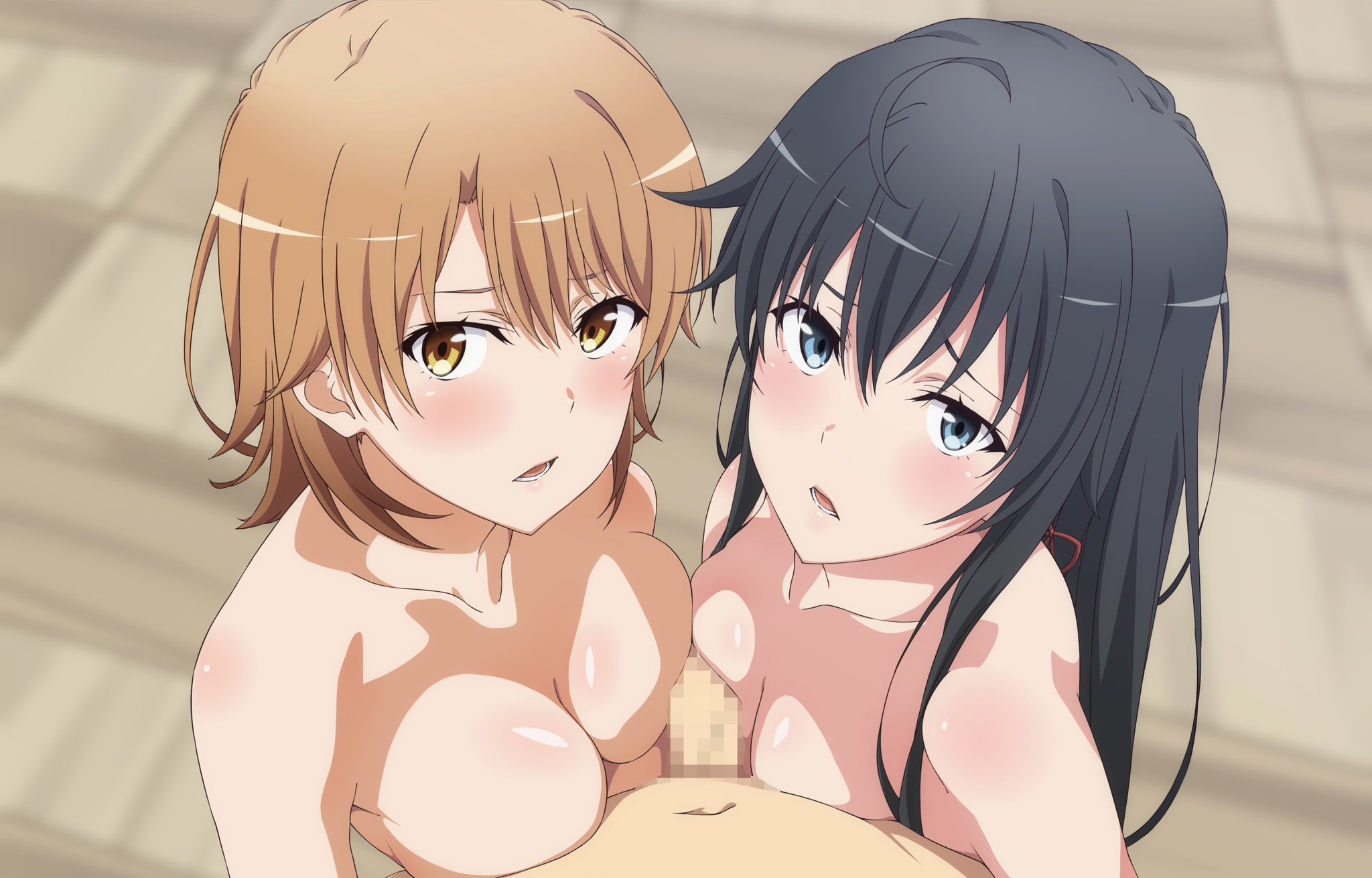 shou937, isshiki iroha, yukinoshita yukino, yahari ore no seishun lovecome wa machigatteiru., highres, paid reward available, 2girls, ahoge, asymmetrical docking, black hair, blue eyes, blush, breast press, breasts, brown eyes, brown hair, censored, cooperative paizuri, long hair, looking at viewer, medium breasts, mosaic censoring, multiple girls, paizuri, parted lips, penis, raised eyebrows, saliva, short hair, small breasts, teamwork (sexual), upper body