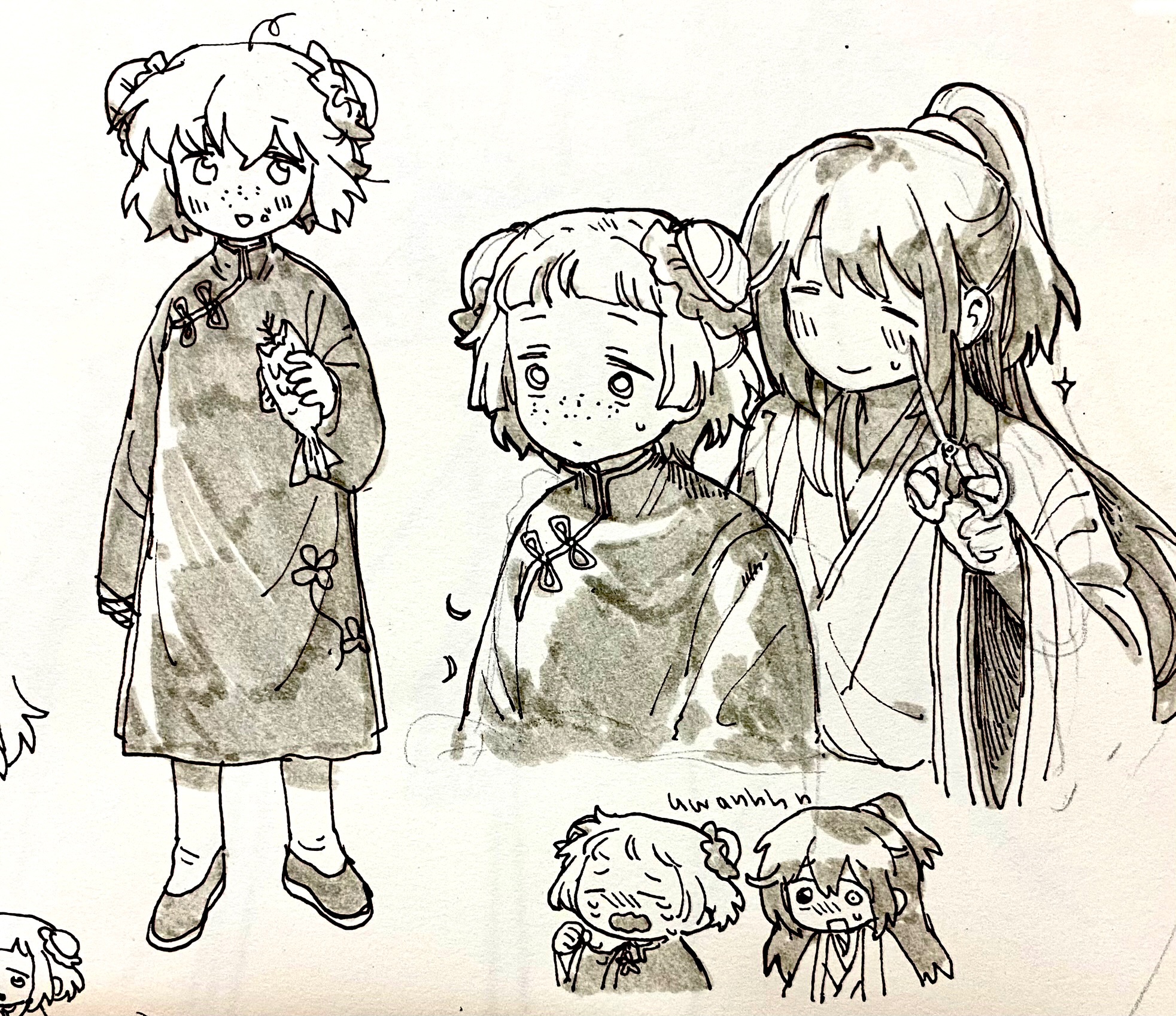 kampuzu, hong lu (project moon), ishmael (project moon), limbus company, project moon, graphite (medium), highres, nib pen (medium), pen (medium), traditional media, 1boy, 1girl, aged down, animal, brother and sister, china dress, chinese clothes, crying, cutting hair, double bun, dress, eating, family hierarch candidate (identity) (project moon), fish, flats, freckles, full body, greyscale, hair bun, holding, holding animal, holding fish, monochrome, short bangs, short hair, siblings, sidelocks, sitting, sparkle