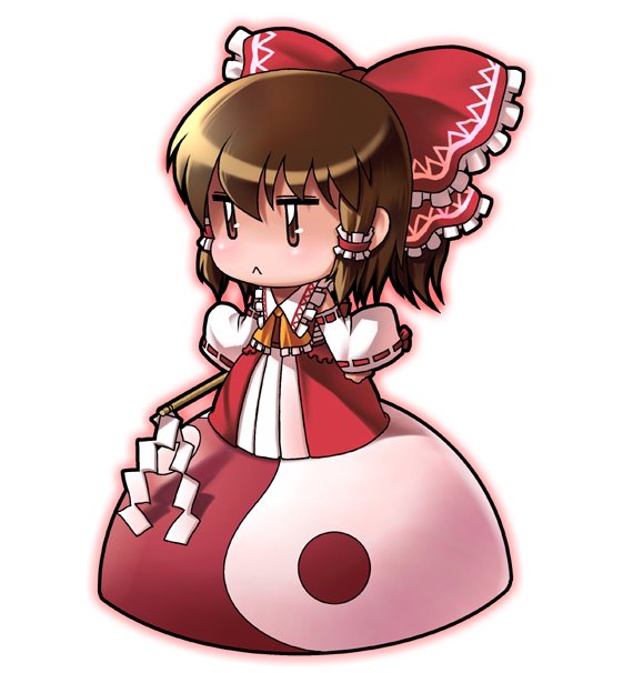 04bou, hakurei reimu, touhou, 1girl, ascot, bow, brown eyes, brown hair, chibi, detached sleeves, dress, embellished costume, female focus, full body, gohei, hair bow, hair tubes, holding, long sleeves, red bow, red dress, ribbon-trimmed sleeves, ribbon trim, short hair, sidelocks, simple background, solo, standing, stick, yin yang