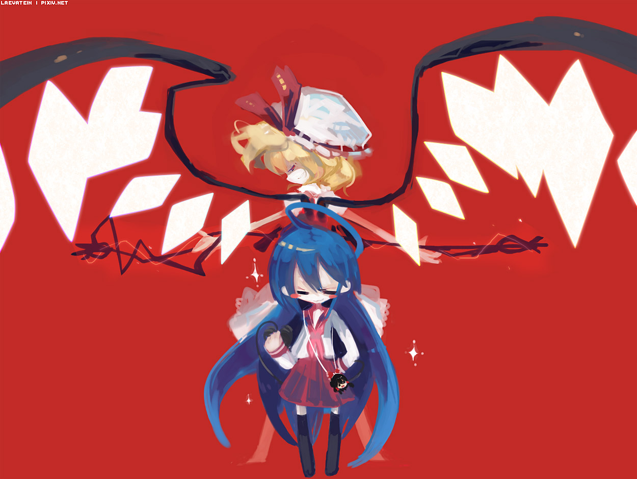 inuhito, flandre scarlet, izumi konata, lucky star, touhou, black legwear, bad id, bad pixiv id, 00s, ahoge, blonde hair, blue hair, crossover, glowing, hat, long hair, mob cap, red background, school uniform, serafuku, simple background, sparkle, standing, thighhighs, very long hair, wings, yukkuri shiteitte ne