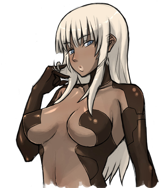 enoshima iki, original, 1girl, blue eyes, breasts, dark-skinned female, dark skin, female focus, lips, long hair, solo, twirling hair, white hair