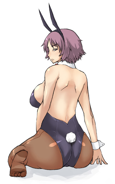 enoshima iki, original, 1girl, animal ears, ass, back, breasts, fake animal ears, feet, female focus, large breasts, leotard, looking back, pantyhose, playboy bunny, rabbit ears, sideboob, sitting, solo