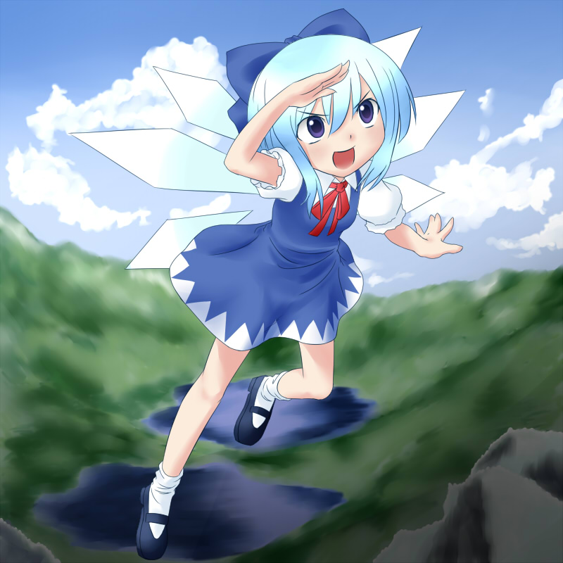 natsu no koucha, cirno, embodiment of scarlet devil, touhou, 1girl, blue eyes, blue hair, bow, female focus, flying, hair bow, matching hair/eyes, open mouth, ribbon, short hair, solo, wings