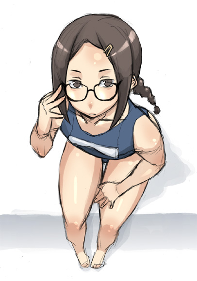 enoshima iki, original, adjusting eyewear, barefoot, braid, foreshortening, glasses, hair ornament, hairclip, hand on own thigh, one-piece swimsuit, school swimsuit, sitting, solo, swimsuit