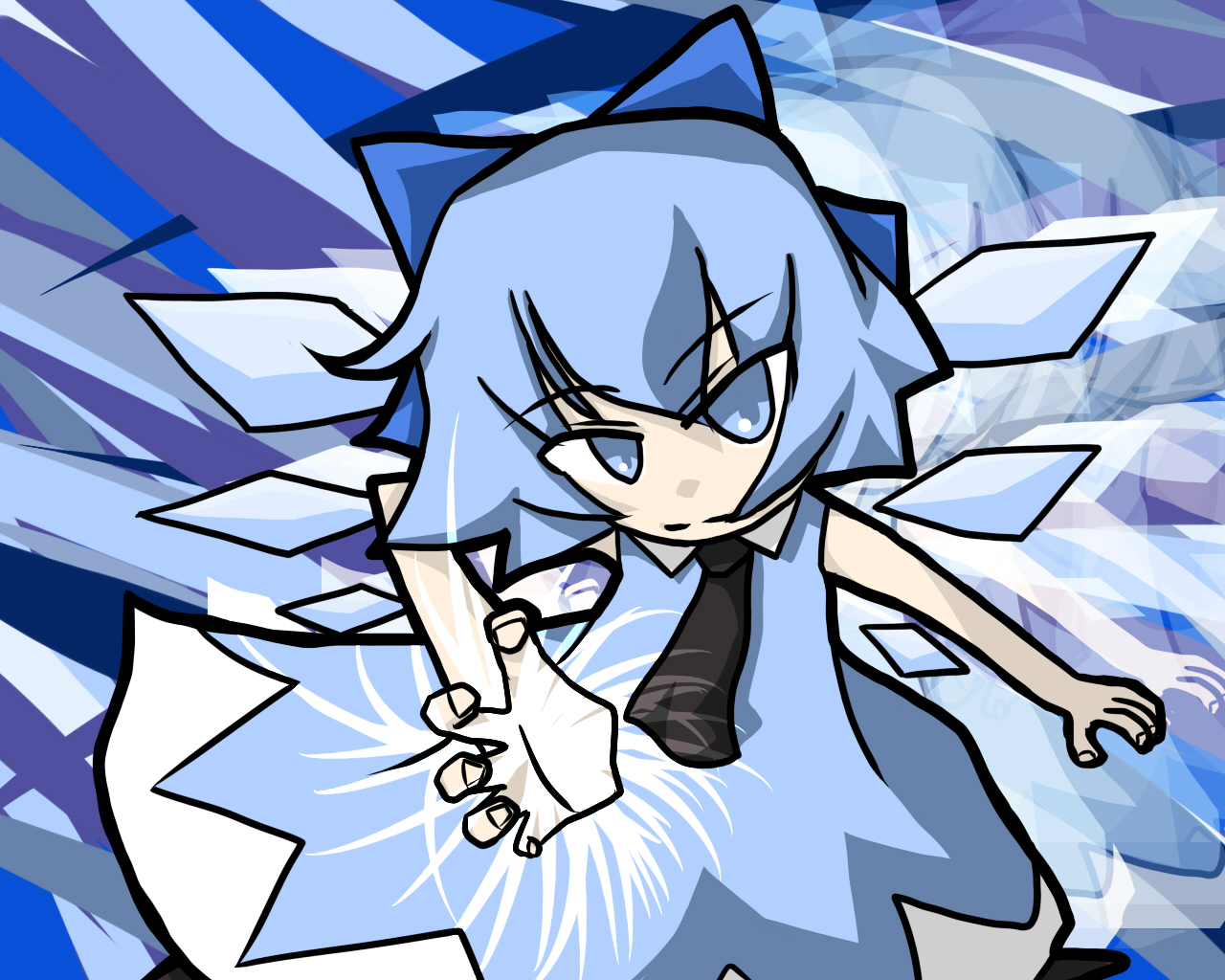 yuzu hiko, cirno, touhou, derivative work, vector trace, 1girl, blue eyes, blue hair, blue theme, dress, female focus, matching hair/eyes, solo, wings
