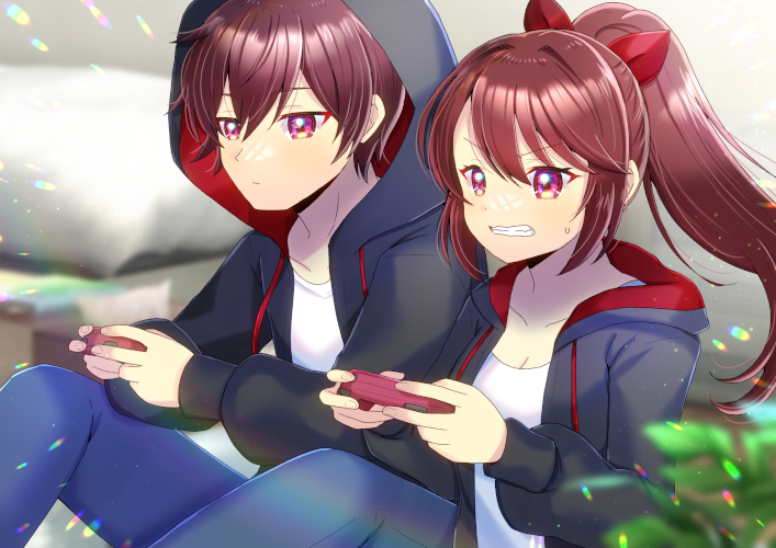 kou hiyoyo, original, commentary request, 1boy, 1girl, black jacket, blue pants, blurry, blurry background, brother and sister, brown hair, hood, hooded jacket, jacket, long hair, multi-source commentary, pants, ponytail, shirt, siblings, white shirt