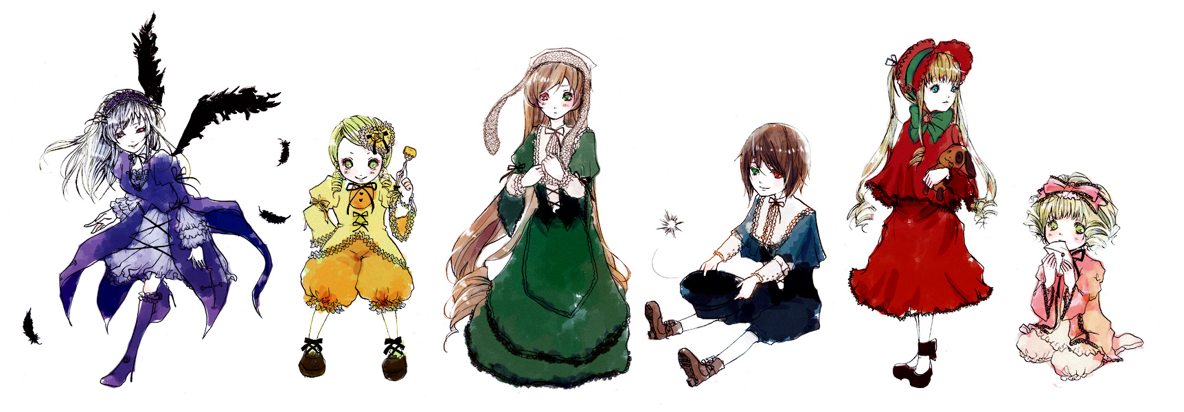 chakoro, hinaichigo, kanaria, shinku, souseiseki, suigintou, suiseiseki, rozen maiden, white legwear, bad id, bad pixiv id, highres, long image, wide image, 00s, 6+girls, blonde hair, bow, feathers, heterochromia, letter, multiple girls, pantyhose, pink bow, siblings, sisters, stuffed animal, stuffed toy, twins