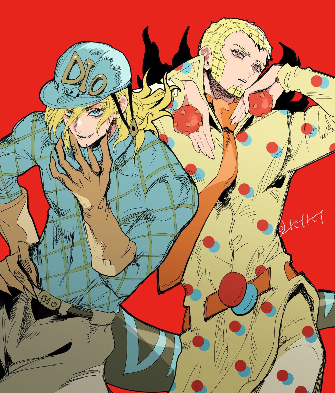 katori (katokichi), diego brando, scary monsters (stand), wekapipo, jojo no kimyou na bouken, steel ball run, commentary request, derivative work, highres, 2boys, argyle clothes, argyle sweater, ball, belt, belt buckle, blonde hair, blue eyes, blue helmet, blue sweater, brown eyes, brown gloves, buckle, clawed gauntlets, dinosaur tail, facial hair, gloves, goatee, grey pants, helmet, holding, holding ball, jojo pose, long hair, long sleeves, looking at viewer, male focus, multiple boys, necktie, orange belt, orange necktie, pants, pelvic curtain, polka dot, polka dot shirt, red background, shirt, short hair, stand (jojo), steel ball (jojo), sweater, tail, turtleneck, turtleneck sweater, wekapipo's pose (jojo), whiskers, yellow pants, yellow shirt