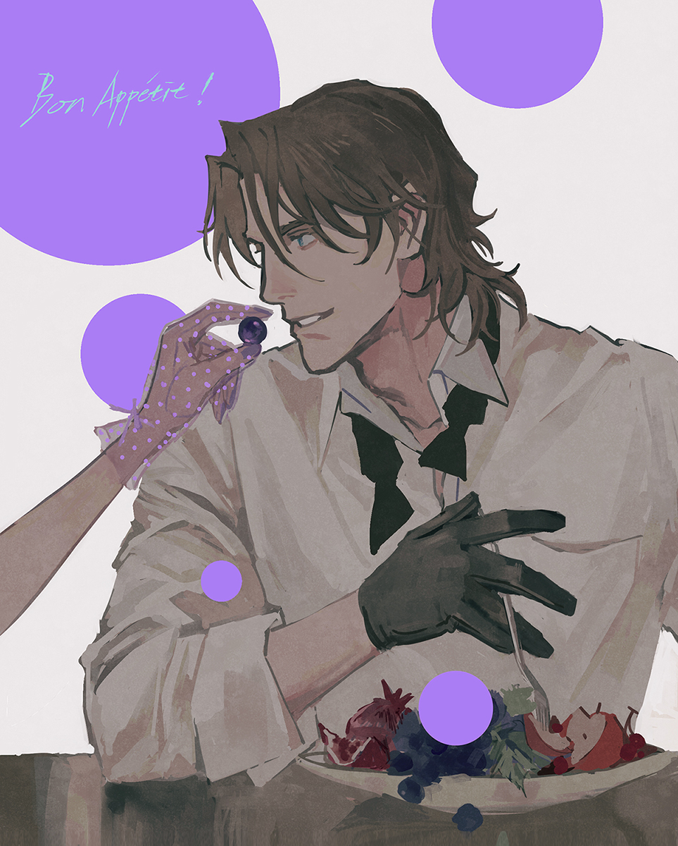 huangdanlan, lockon stratos, tieria erde, gundam, gundam 00, commentary, english commentary, highres, 1boy, apple, black gloves, blueberry, bow, bowtie, brown hair, feeding, food, fork, french text, fruit, gloves, holding, holding food, holding fork, lace, lace gloves, out of frame, parted lips, plate, pomegranate, shirt, solo focus, undone bowtie, white shirt